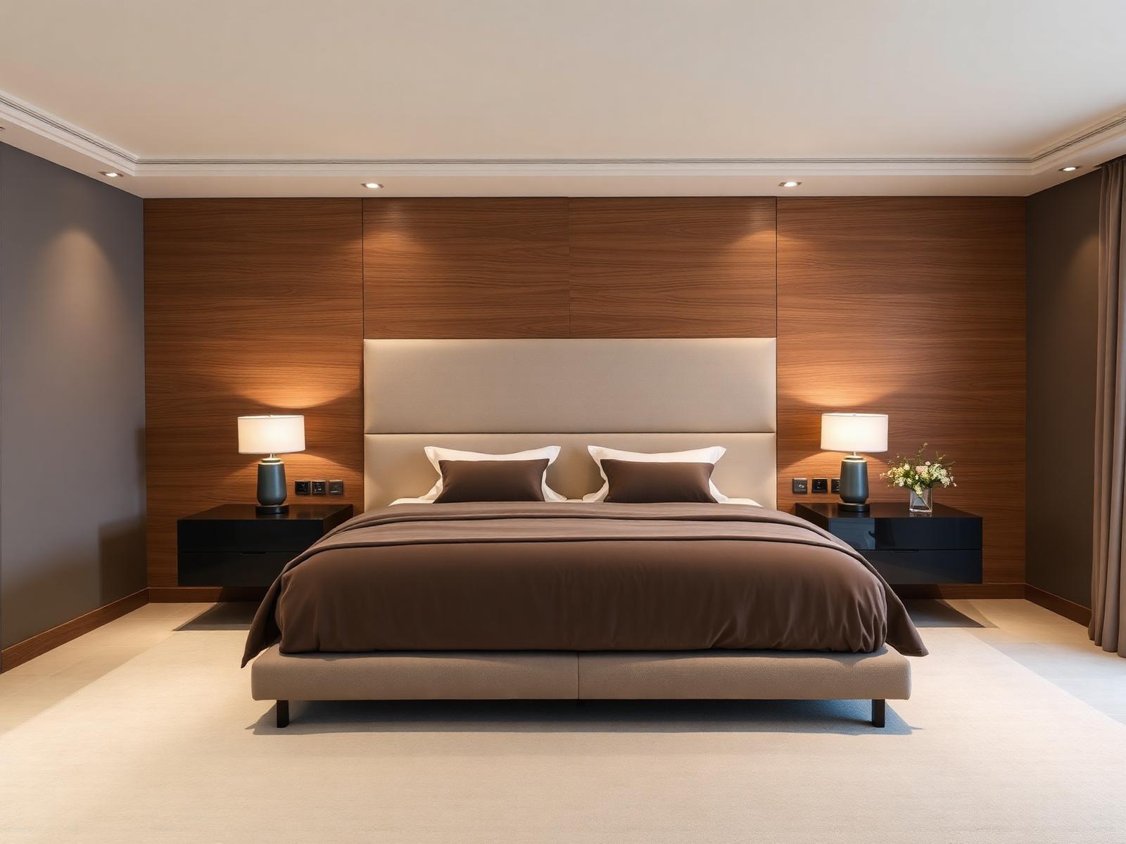 Warm minimal bedroom interior with fitted wardrobe designed by ModarchX in Patna
