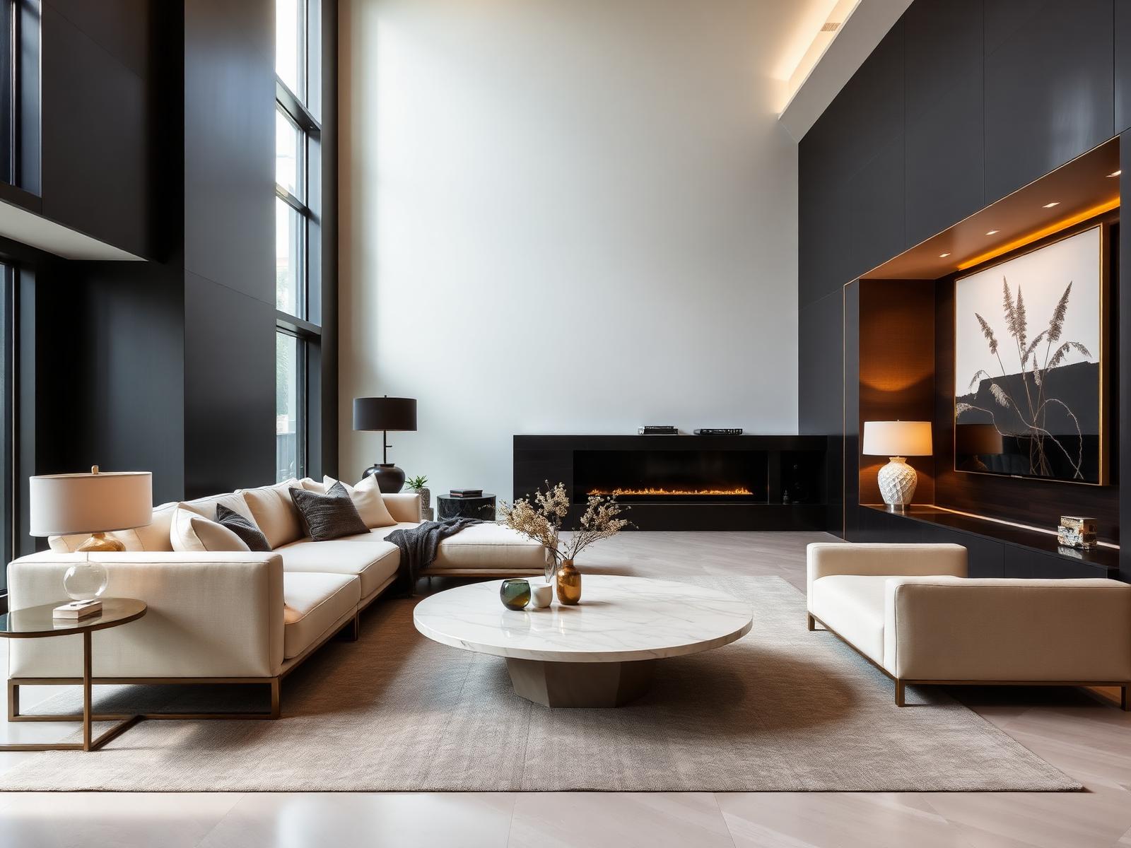 Contemporary living room with charcoal accent wall and marble table