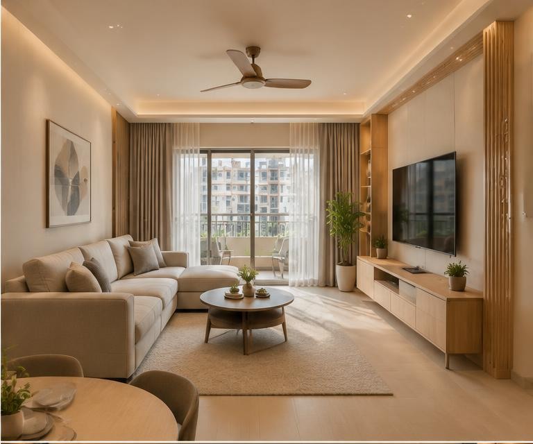 Re-modified apartment living room with warm neutral finishes