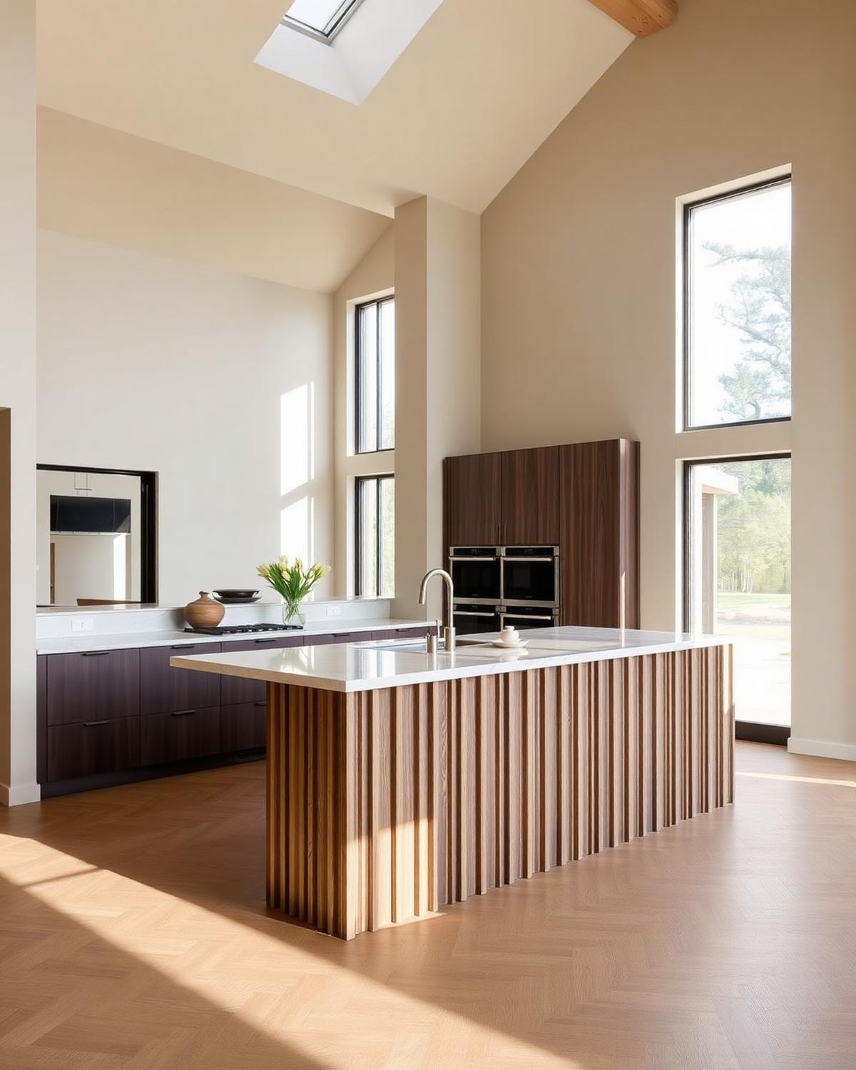 Island modular kitchen designed by ModarchX in Patna with fluted wood base and stone top