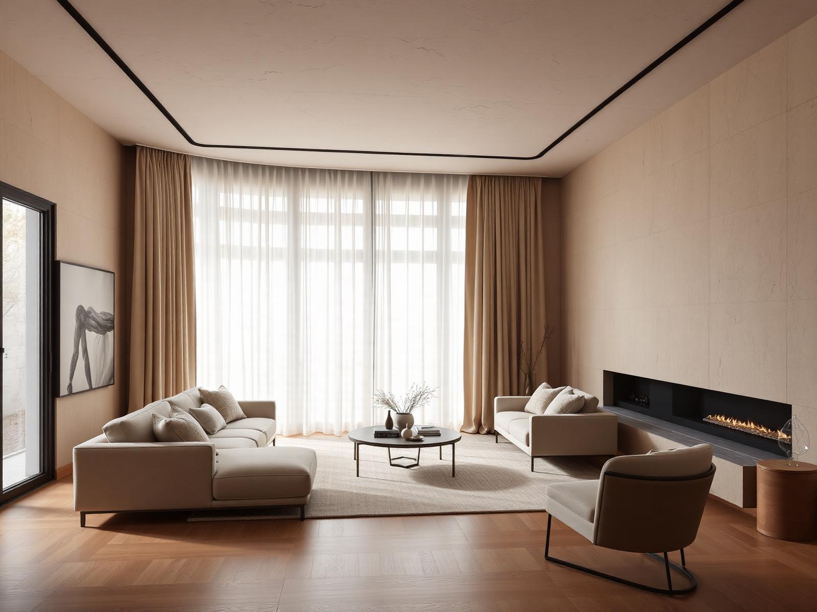 Minimal living room interior design with textured plaster walls