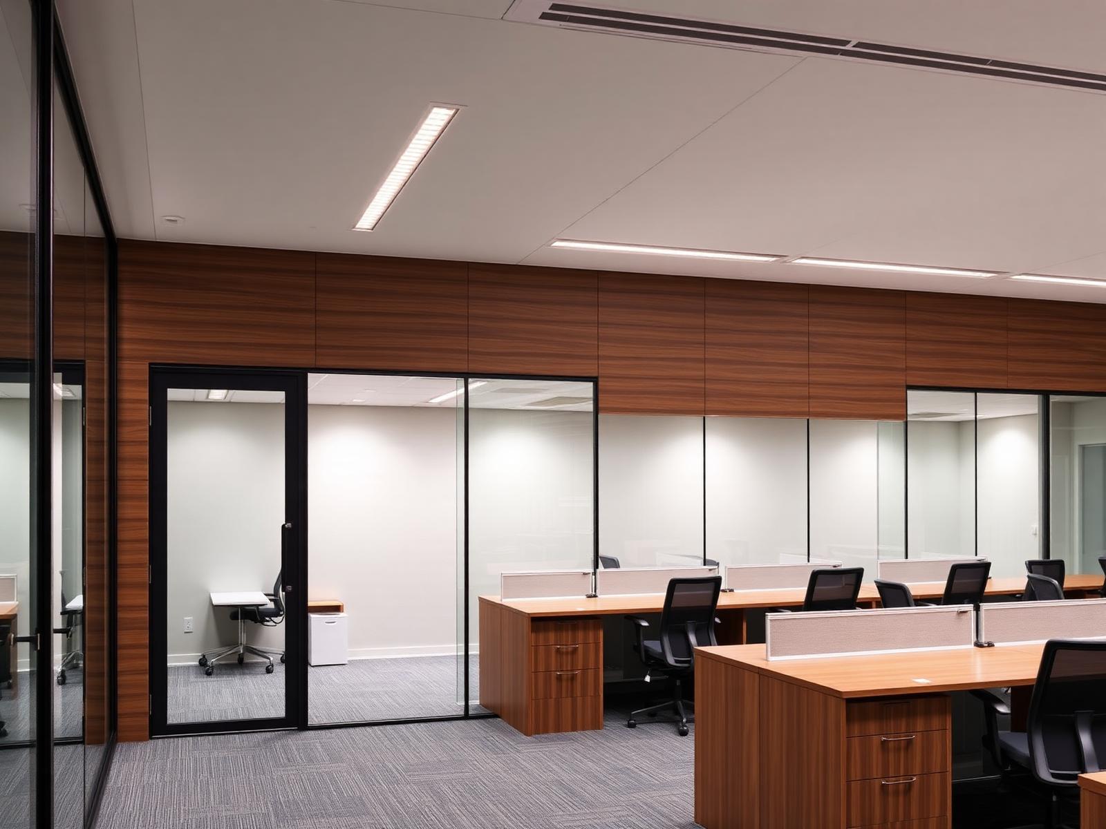 Modern office interior design with workstations and glass cabins