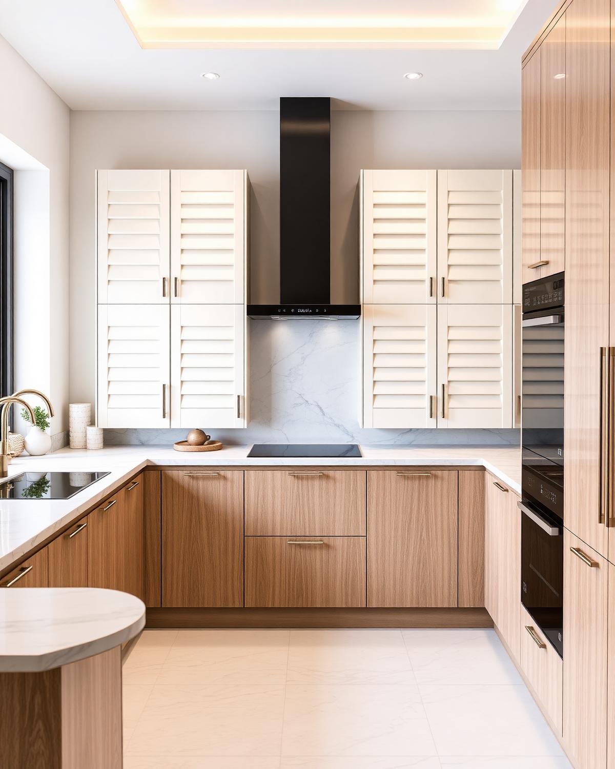 U-shaped modular kitchen design with cream shutters and oak base units