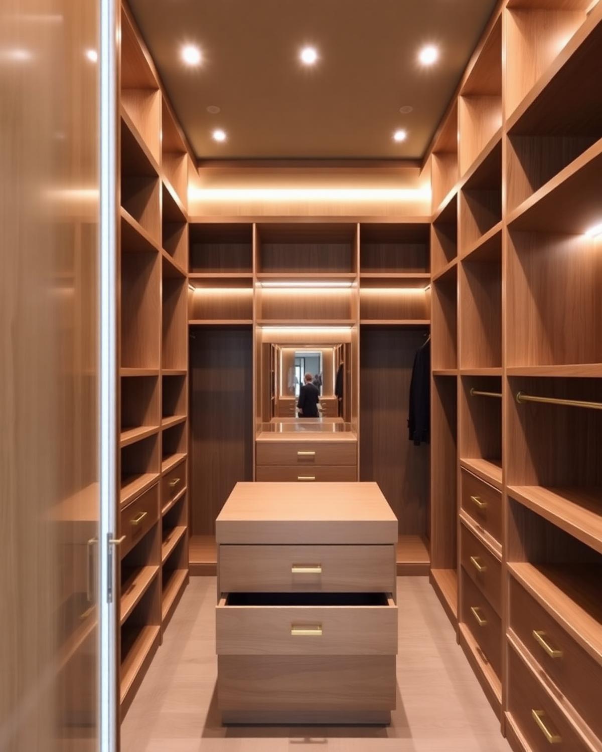 Walk-in wardrobe design with oak shelving and brass rails